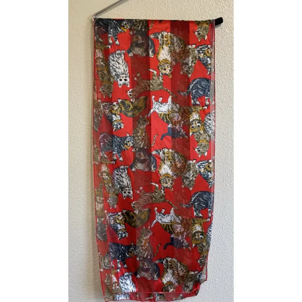 Red Cat Scarf Pattern Animal Scarf Silky 13
